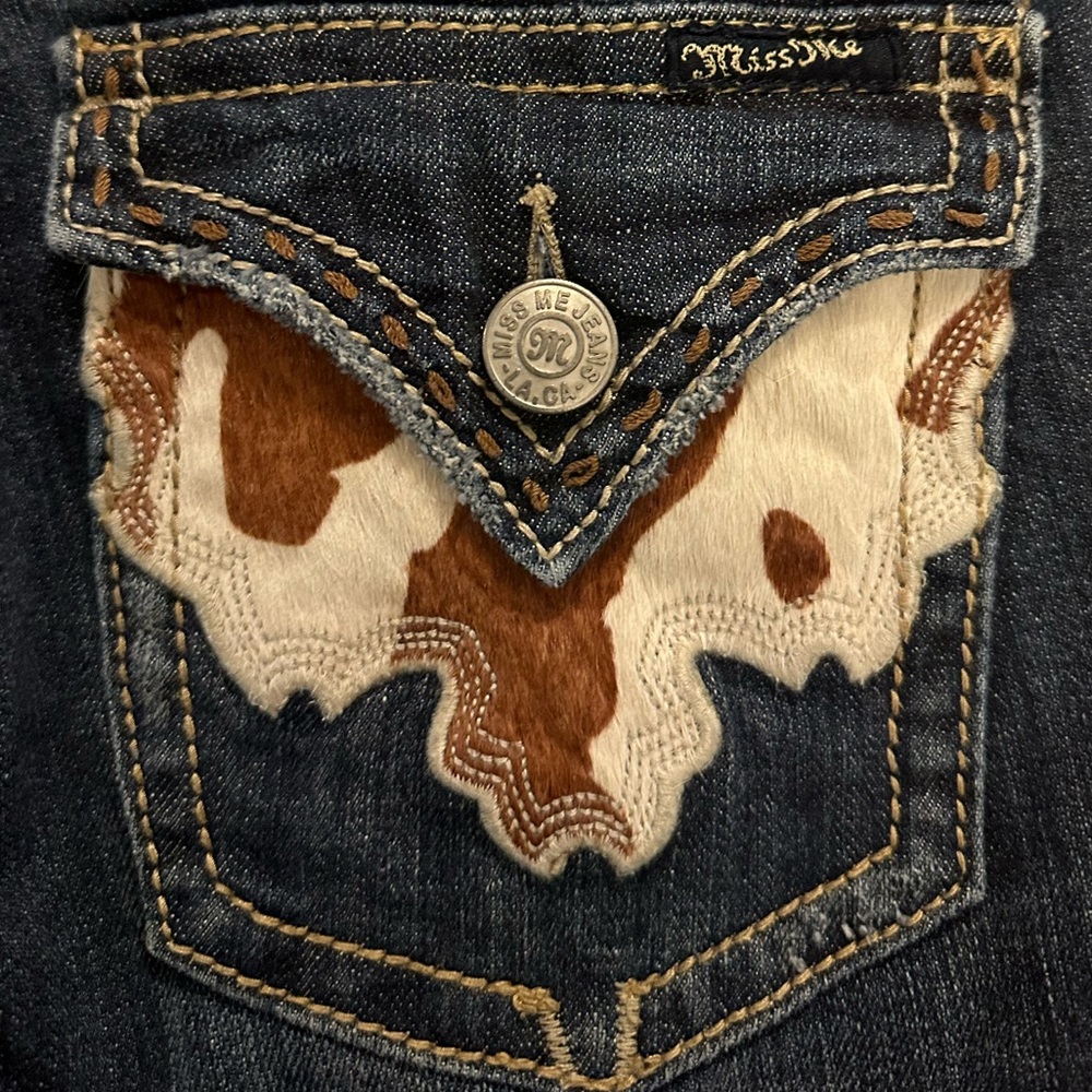 Miss Me Dark Blue Boot Cut Jeans with Brown & Cream Pocket Appliqué - Picture 2 of 8